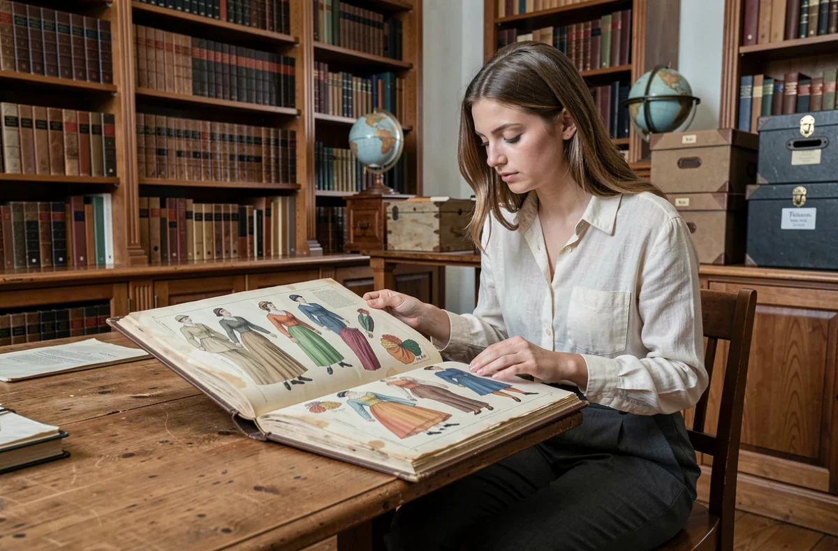 Historienne de la mode consultant des archives de planches de mode du XIXe siècle dans une bibliothèque patrimoniale