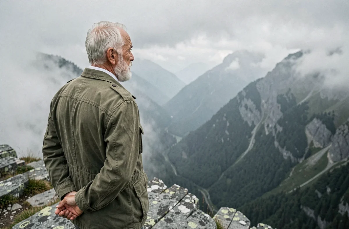 Homme âgé contemplant une vallée brumeuse depuis un plateau rocheux, symbole de la quête de sens et de la priorité de la conscience humaine