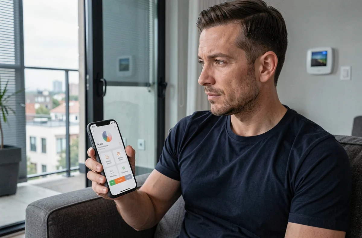 Homme contrôlant sa maison connectée via une application domotique sur smartphone dans un appartement urbain