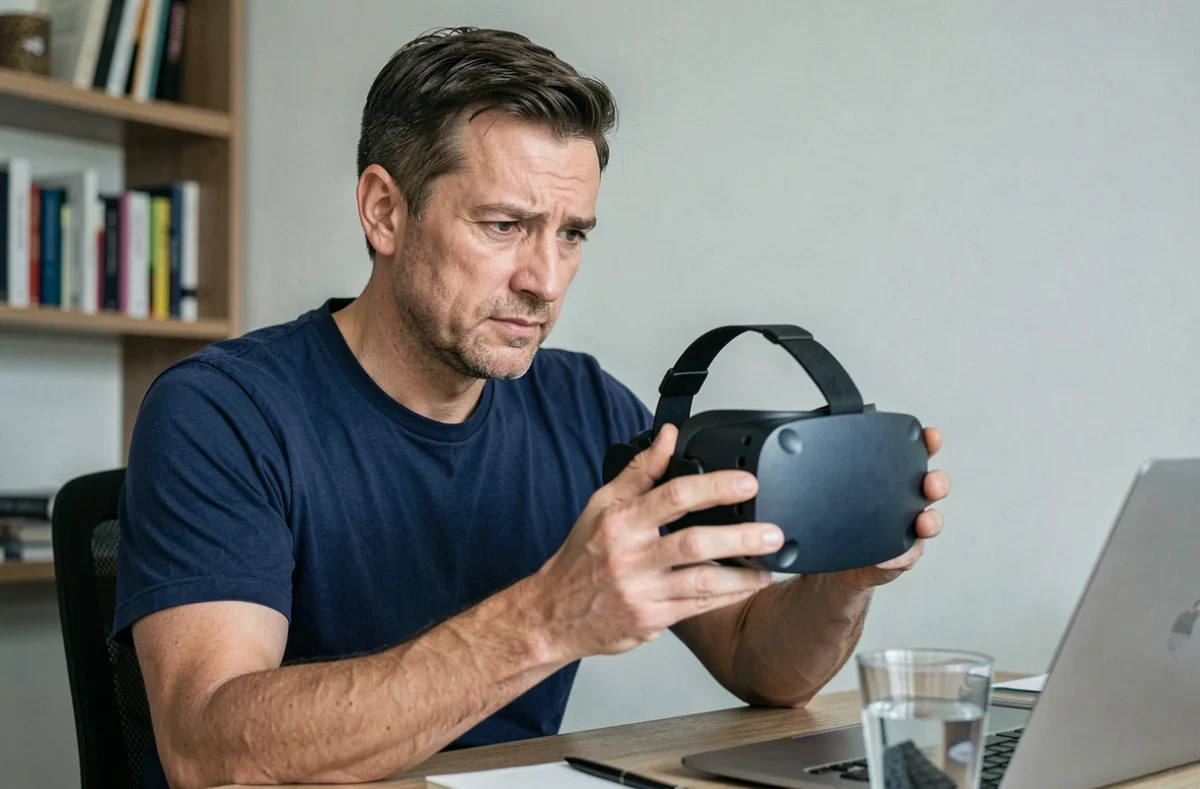 Homme d'âge moyen examinant un casque VR d'un air hésitant dans un bureau à domicile