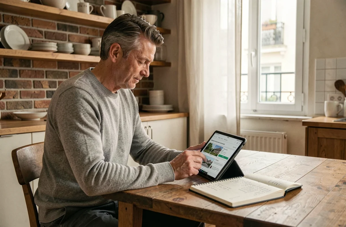 Homme consultant un portefeuille de SCPI sur tablette depuis son appartement parisien pour maximiser ses revenus immobiliers