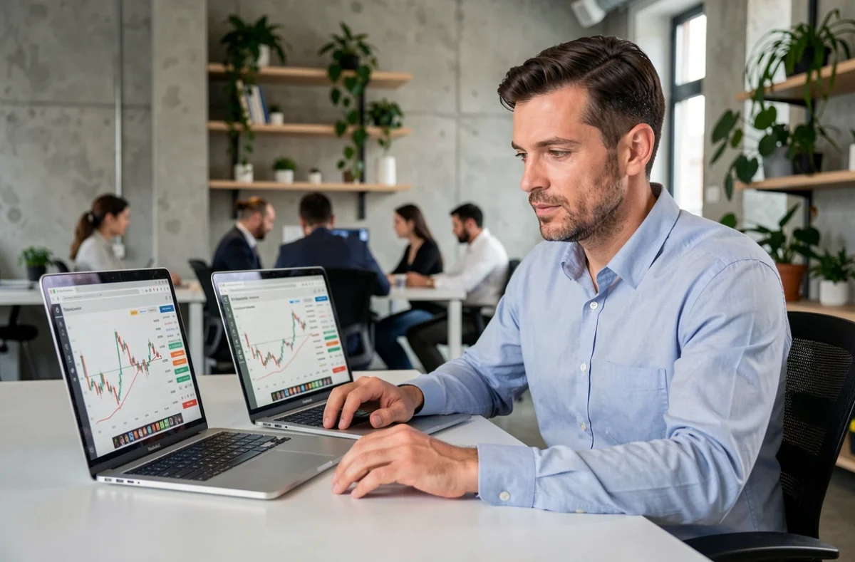 Homme d'affaires analysant des graphiques boursiers et des données d'investissement sur deux ordinateurs portables au bureau