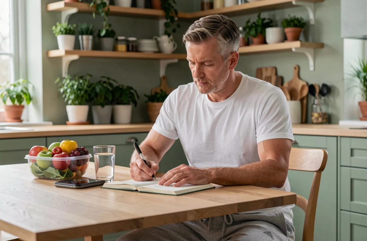 Homme notant son programme de perte de poids dans un journal alimentaire à la cuisine