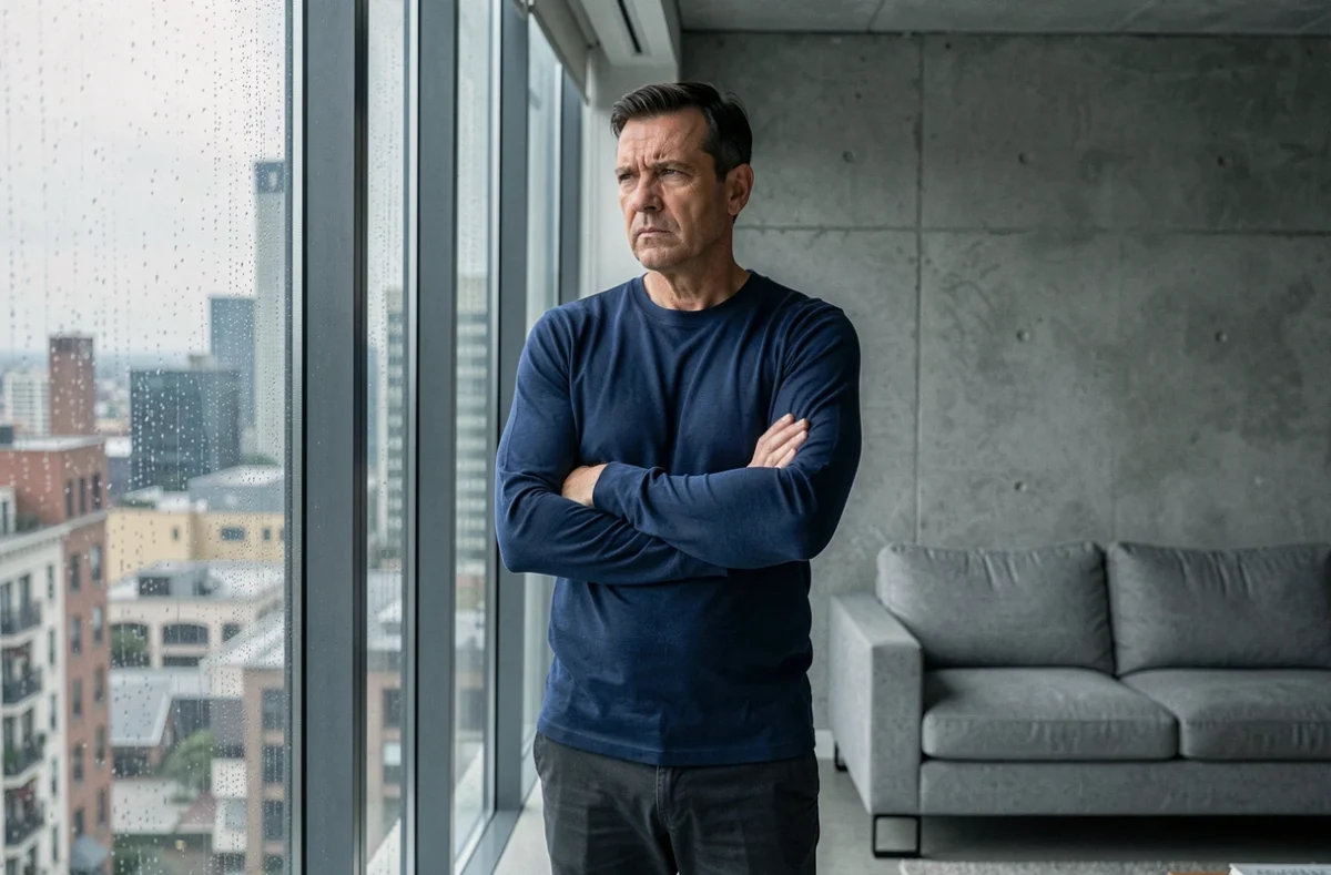 Homme pensif debout près d'une fenêtre pluvieuse, regard dans le vide, symbolisant les pensées envahissantes de l'anxiété cognitive