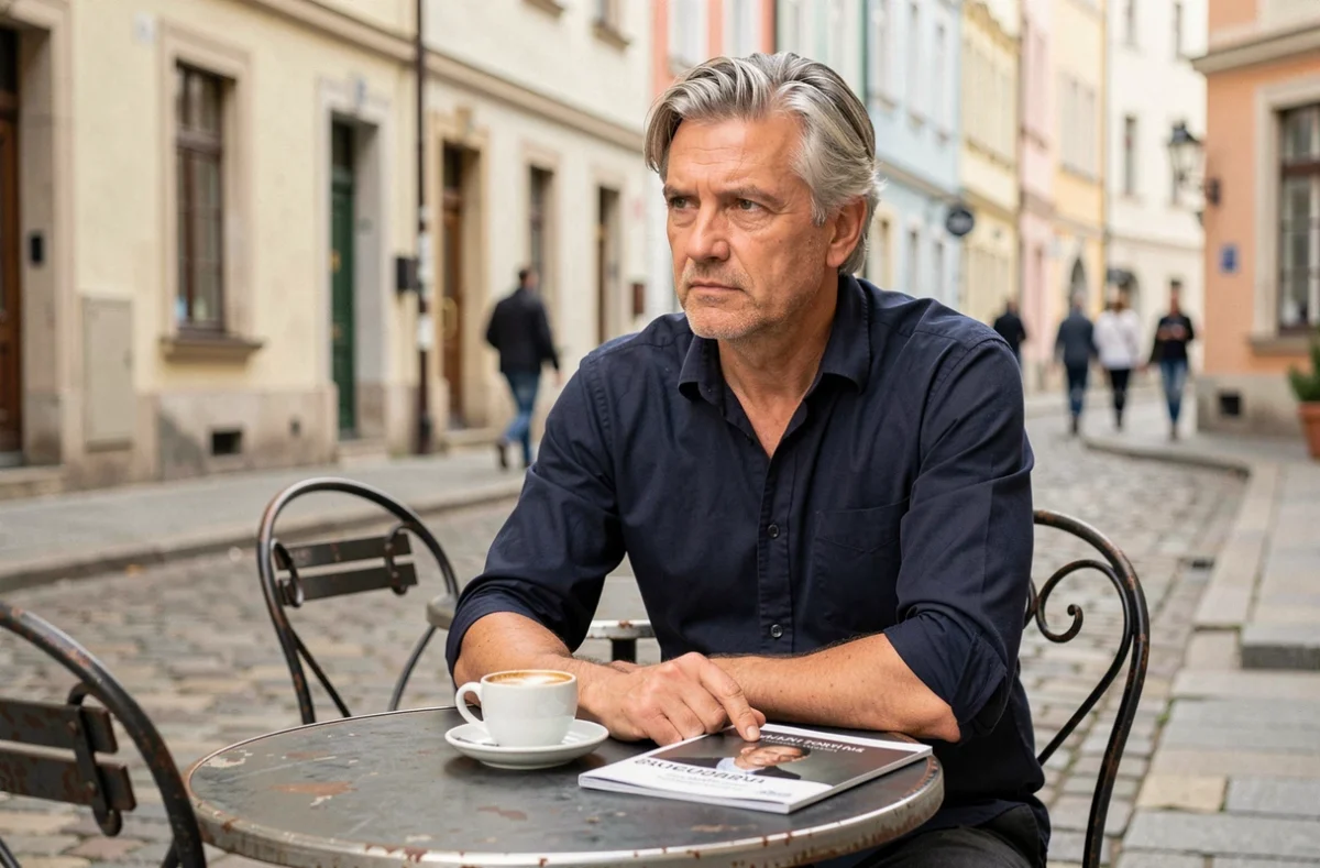 Homme pensif attablé en terrasse de café avec un catalogue d'exposition, évoquant la réflexion intérieure suscitée par l'art