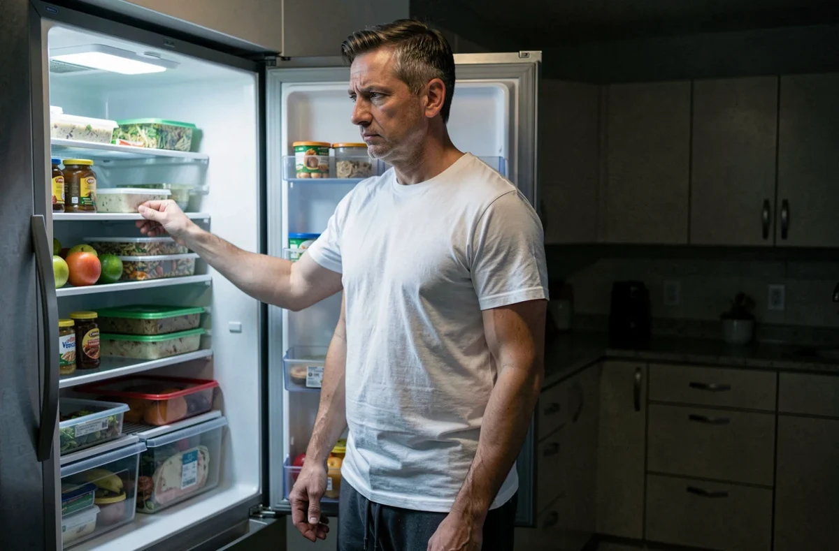 Homme debout devant un réfrigérateur ouvert la nuit, hésitant à manger sans ressentir une vraie faim physique