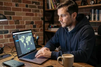 Homme utilisant une application VPN sur son ordinateur portable pour contourner la détection de Netflix