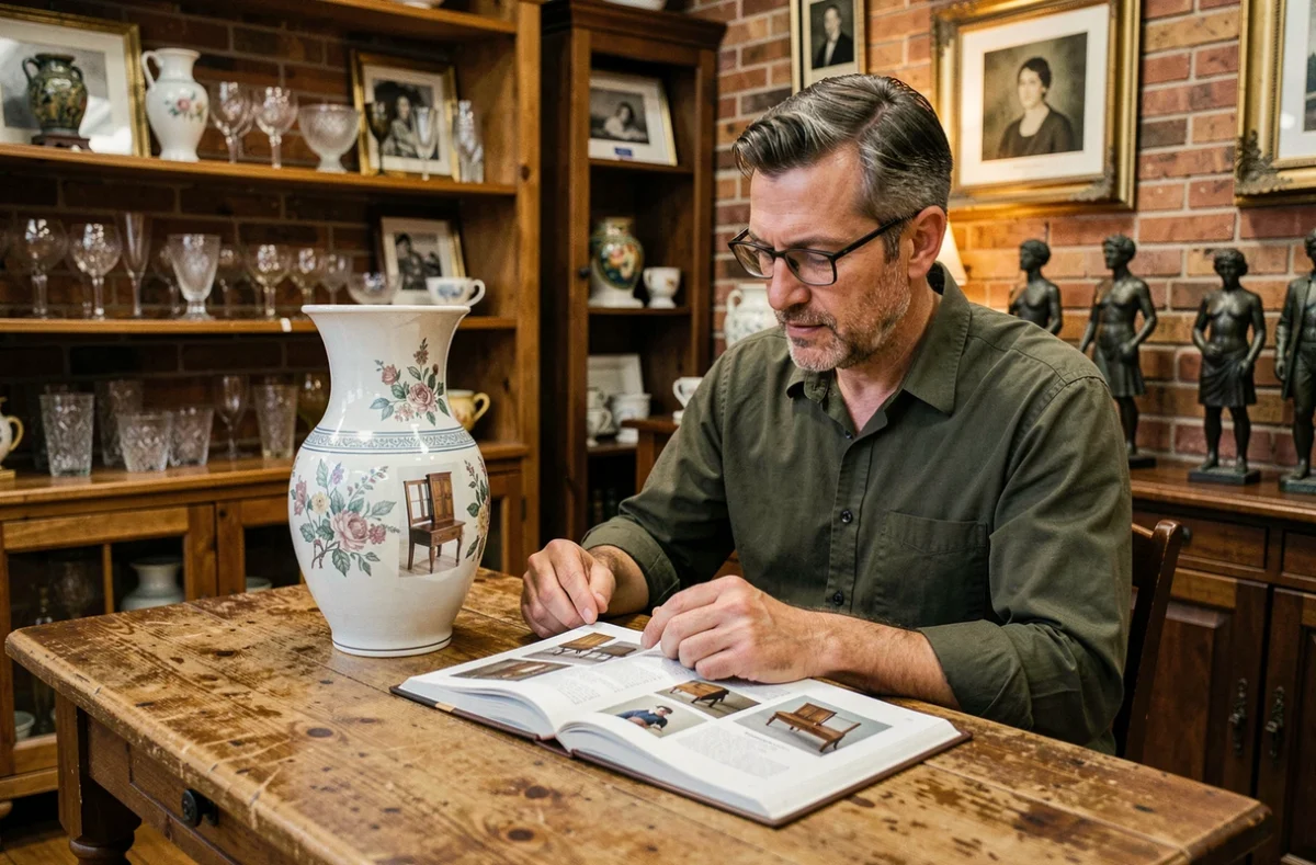 Homme consultant un livre de référence sur les antiquités dans une brocante pour identifier la valeur d'un vase ancien