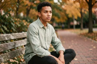 Jeune adulte à l'expression introspective assis dans un parc urbain en automne, illustrant la réflexion sur l'identité et l'orientation sexuelle queer