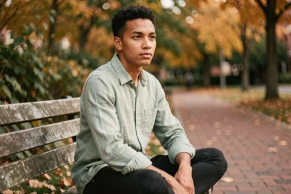 Jeune adulte à l'expression introspective assis dans un parc urbain en automne, illustrant la réflexion sur l'identité et l'orientation sexuelle queer