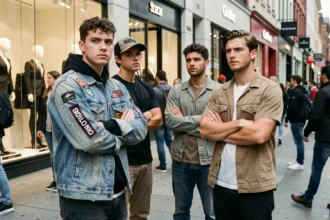 Groupe de jeunes adultes aux tenues contrastées devant une boutique de luxe, illustrant les inégalités sociales liées à la mode