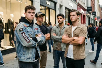 Groupe de jeunes adultes aux tenues contrastées devant une boutique de luxe, illustrant les inégalités sociales liées à la mode