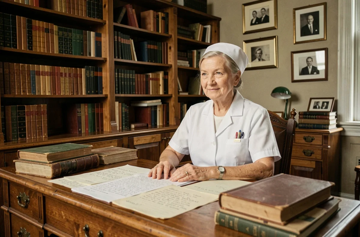 Infirmière senior en uniforme traditionnel blanc assise à un bureau vintage entouré de livres médicaux historiques