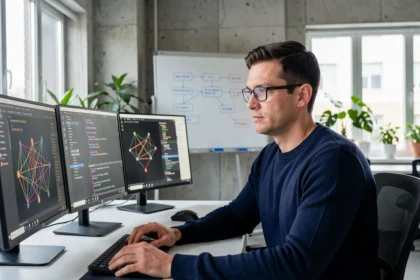 Ingénieur en informatique analysant des diagrammes de réseaux neuronaux et des interfaces de modèles de langage sur plusieurs écrans dans un bureau moderne