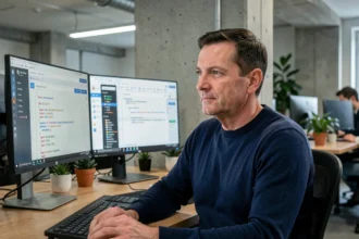 Ingénieur logiciel travaillant sur une interface de traduction automatique dans un bureau technologique moderne en Allemagne