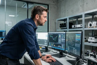Ingénieur travaillant sur plusieurs écrans avec des visualisations de données dans un laboratoire technologique moderne