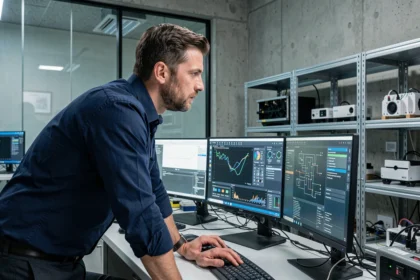Ingénieur travaillant sur plusieurs écrans avec des visualisations de données dans un laboratoire technologique moderne