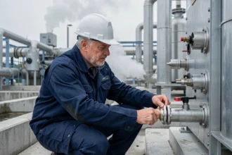 Ingénieur inspectant une unité industrielle de production d'hydrogène dans une usine moderne