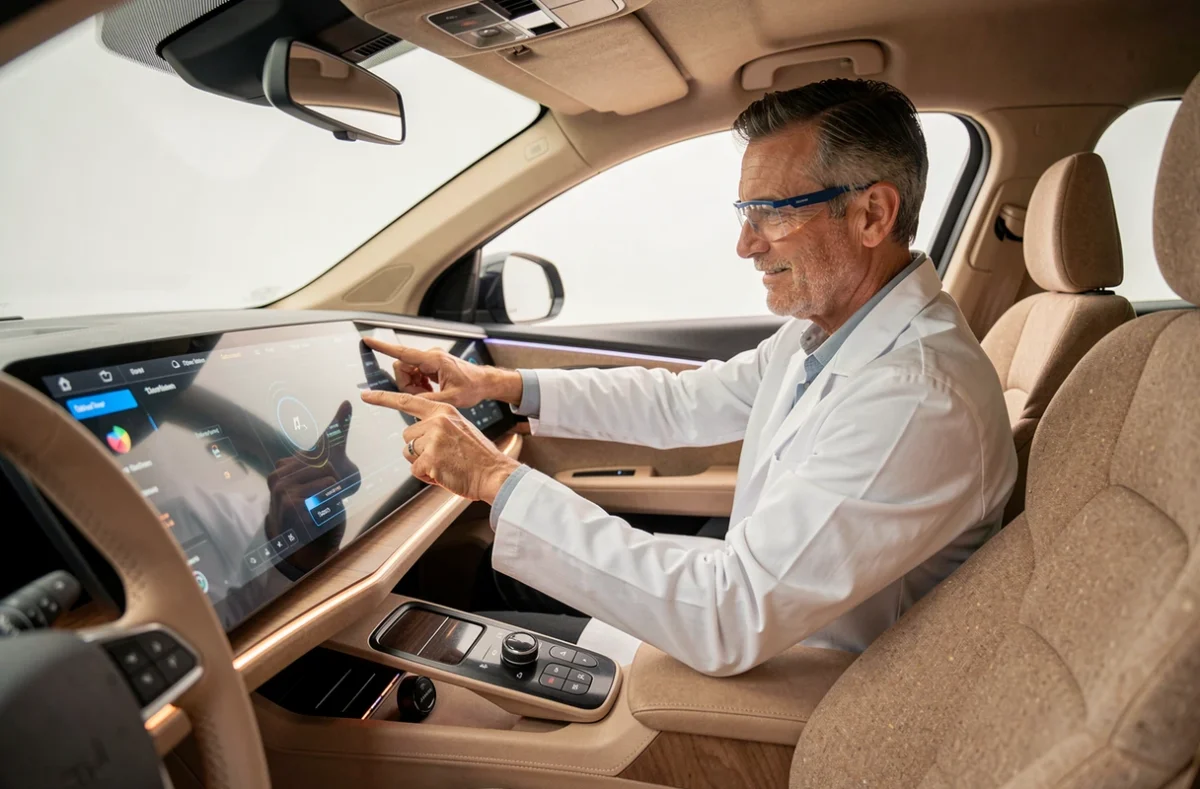 Ingénieur automobile interagissant avec le tableau de bord numérique d'une voiture prototype 2026