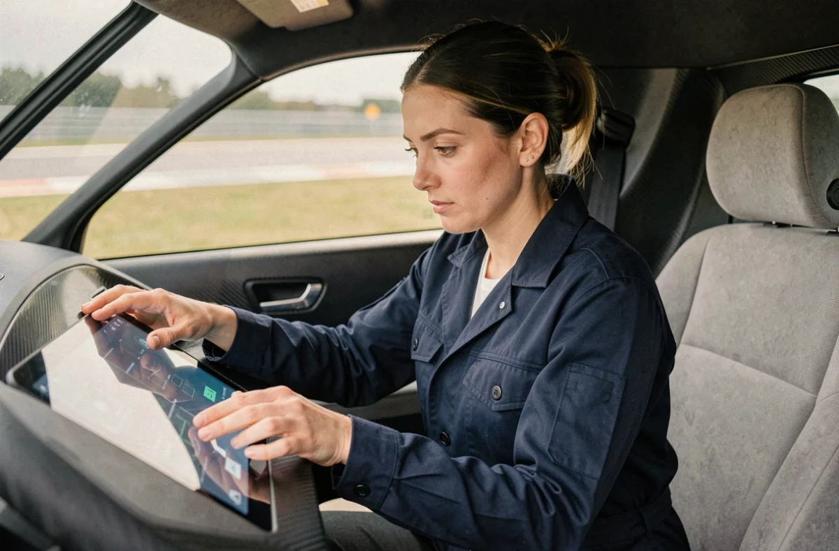 Ingénieure automobile analysant le tableau de bord numérique d'un véhicule autonome prototype