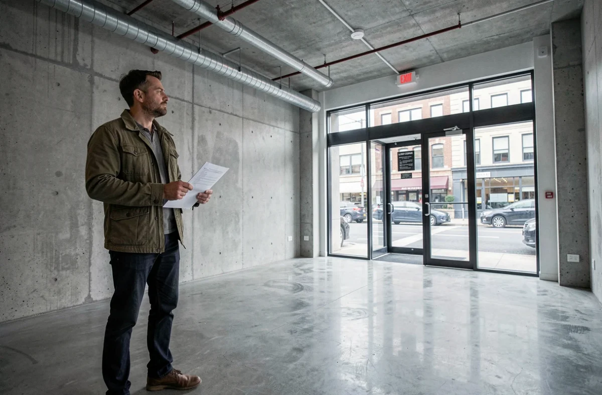 Entrepreneur inspectant un local commercial vide avant la signature d'un bail