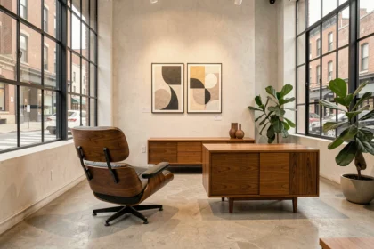 Intérieur de style moderne du milieu du siècle avec fauteuil Eames en noyer et mobilier teck, illustrant le passage de l'art déco au modernisme