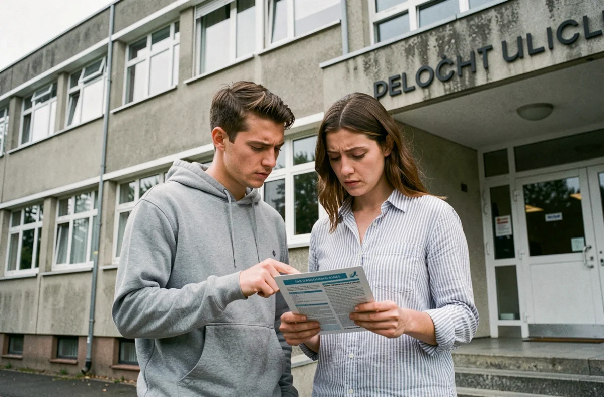 Jeune couple consultant un document devant un office HLM en France