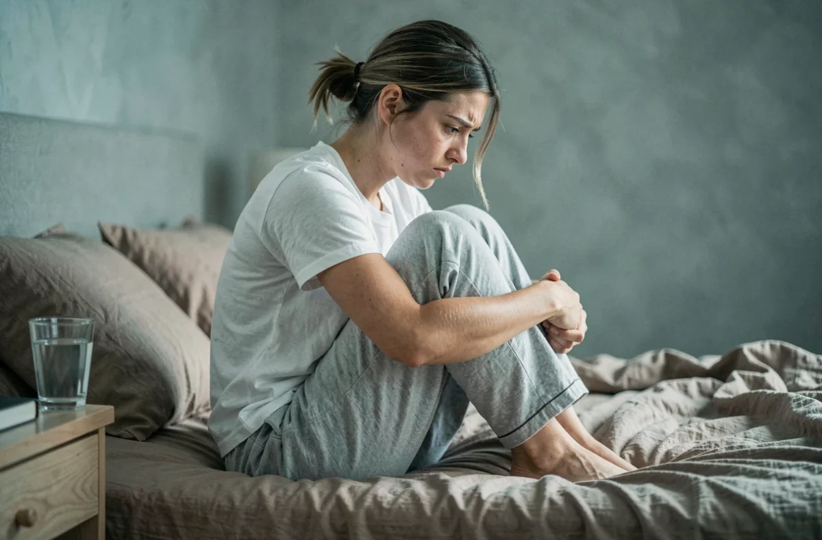 Jeune femme recroquevillée sur son lit avec une expression inquiète, évoquant les ruminations mentales de l'anxiété cognitive