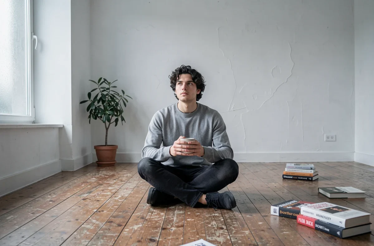 Jeune homme assis seul dans un appartement minimaliste, tenant une tasse et méditant sur les priorités de la conscience humaine