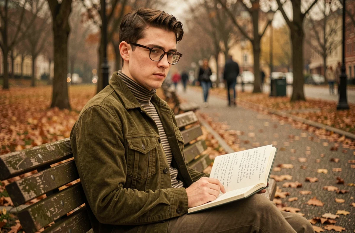 Jeune homme pensif et mélancolique assis seul dans un parc en automne avec un carnet de notes, évoquant la solitude intellectuelle et la dépression