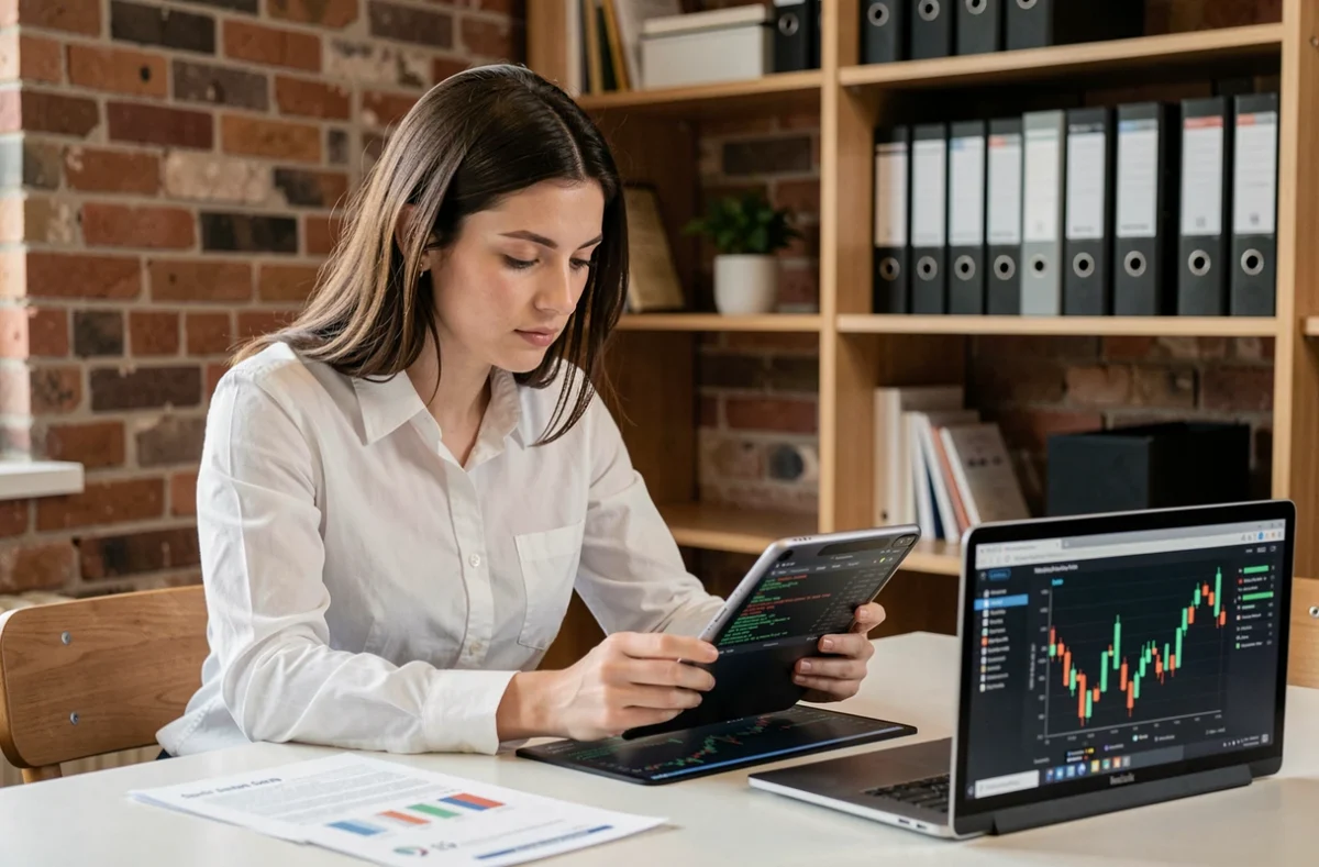 Jeune professionnelle étudiant un registre blockchain sur une tablette dans un bureau de startup