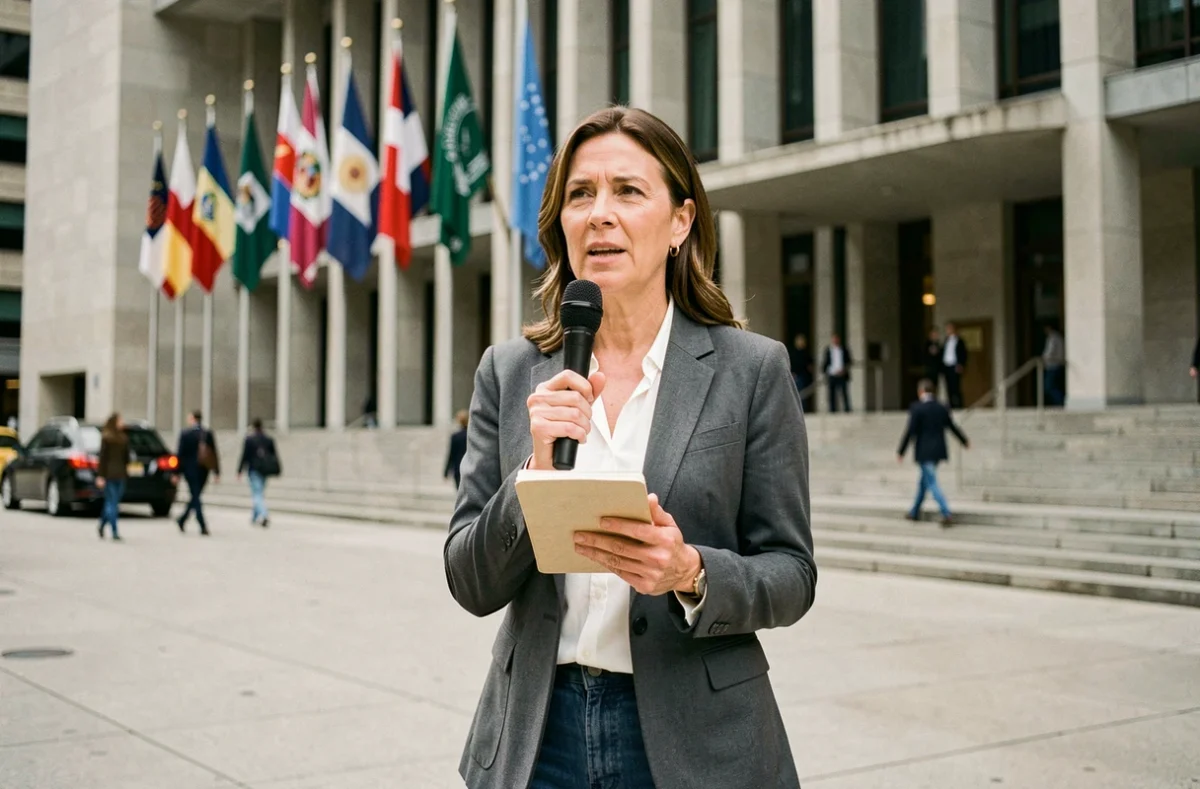 Journaliste devant le siège des Nations Unies commentant des enjeux géopolitiques mondiaux