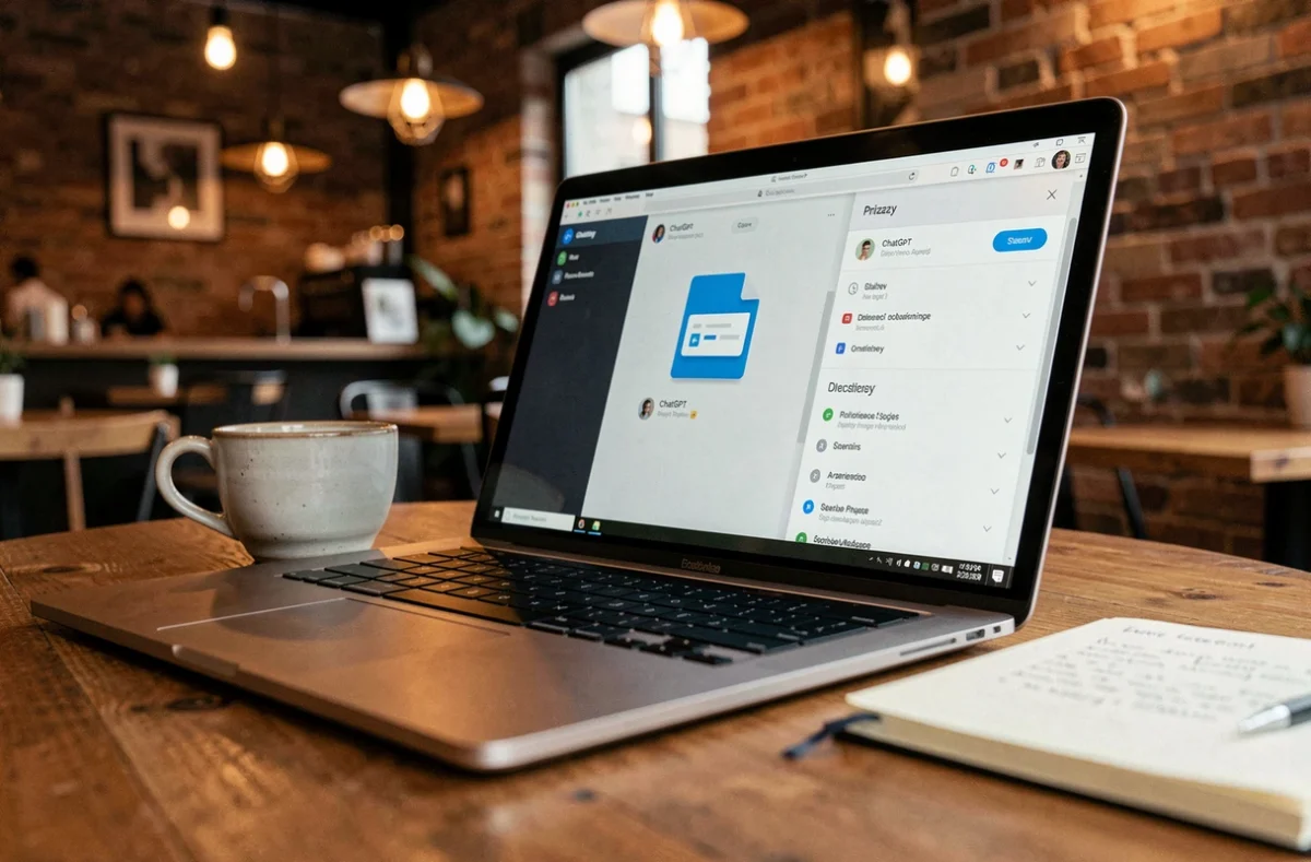 Ordinateur portable dans un café affichant une interface ChatGPT avec un fichier téléchargé et les paramètres de confidentialité