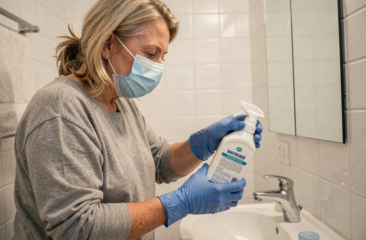 Femme portant des gants de protection lisant attentivement l'étiquette d'un produit ménager avant de nettoyer la salle de bain en toute sécurité