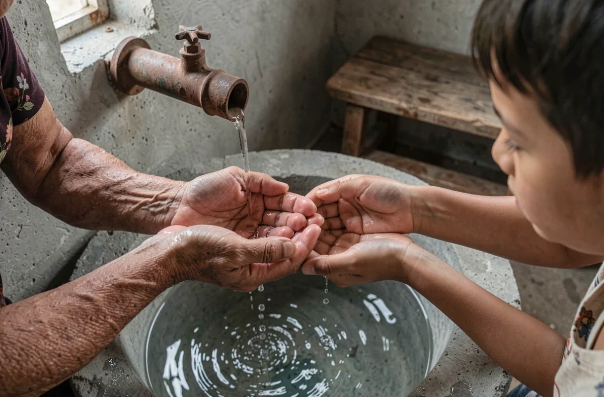 Mains d'une femme âgée et d'un adolescent tenant de l'eau dans un centre de distribution, symbole de la préciosité de l'eau comme ressource non renouvelable