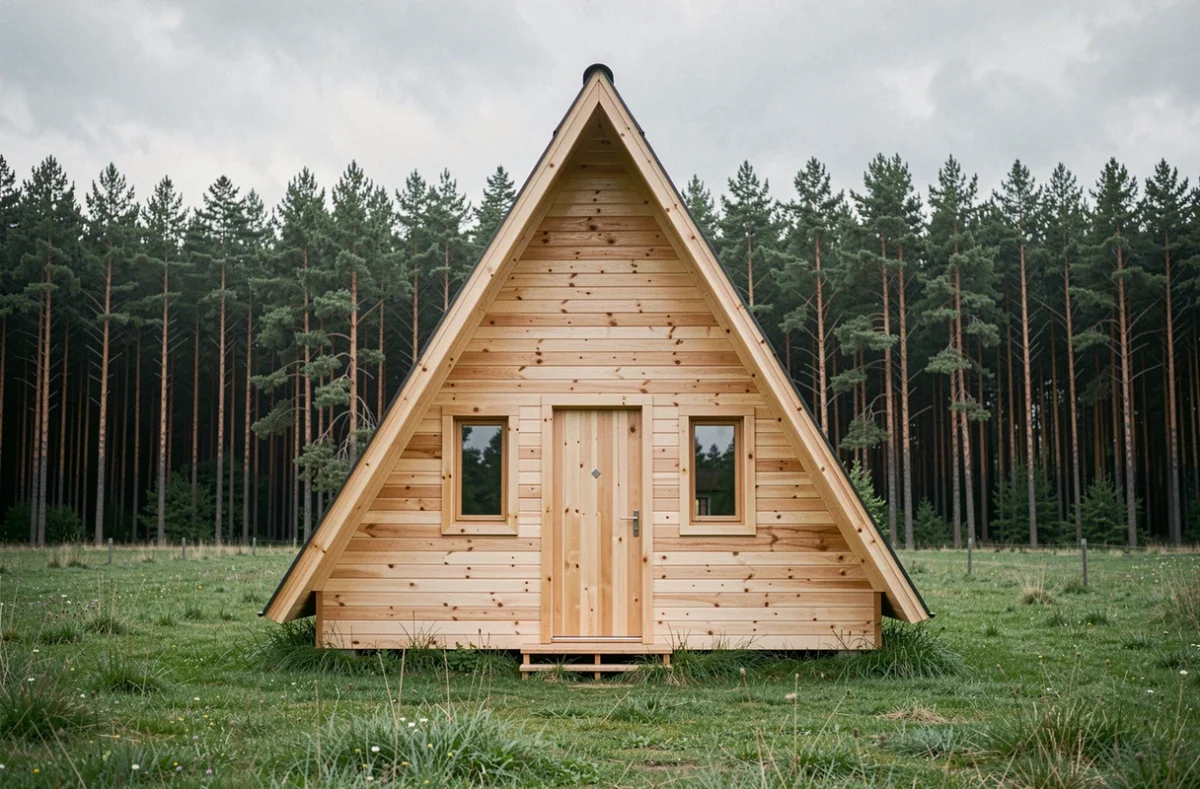 Maison en A compacte en bois brut dans un cadre rural, exemple de construction économique
