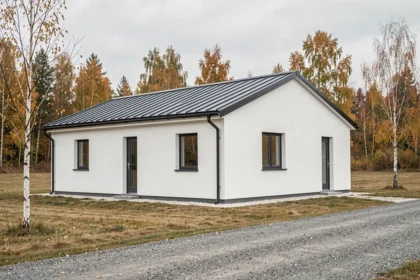 Maison rectangulaire plain-pied à faible coût avec toit en métal et façade enduite blanche