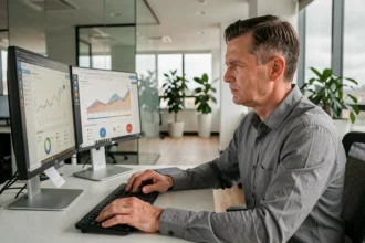 Manager en télétravail analysant des données de productivité d'employés sur deux écrans dans un bureau moderne