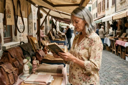 Femme examinant un livre d'occasion sur un marché aux puces vintage en Europe