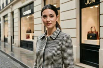 Femme élégante portant une veste tweed Chanel devant une boutique de luxe parisienne