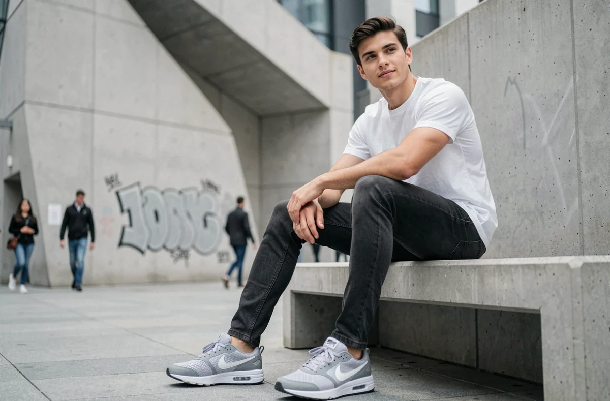 Jeune homme en tenue streetwear Nike assis dans un espace urbain moderne, marque de mode populaire