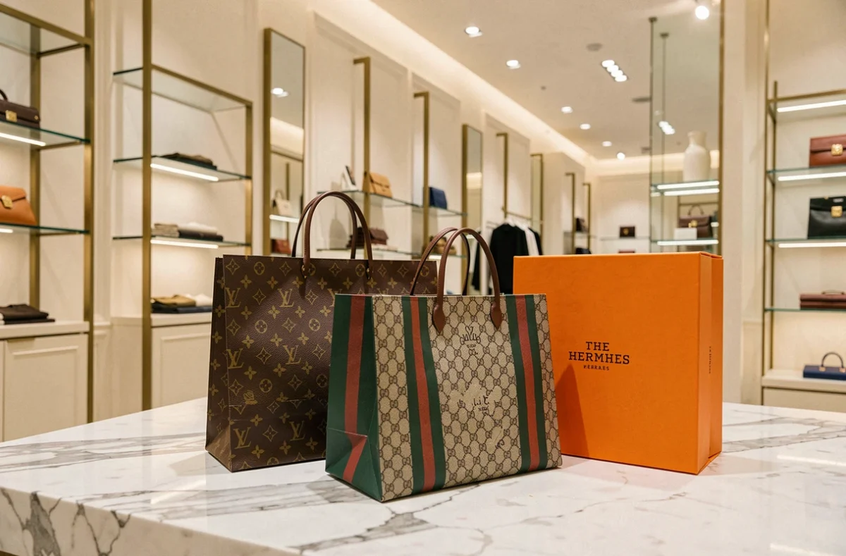 Sacs de luxe iconiques de grandes marques de mode sur un comptoir en marbre dans une boutique haut de gamme