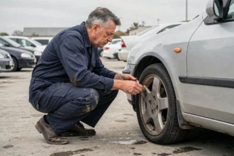 Mécanicien inspectant une voiture d'occasion dans un parking de concessionnaire automobile