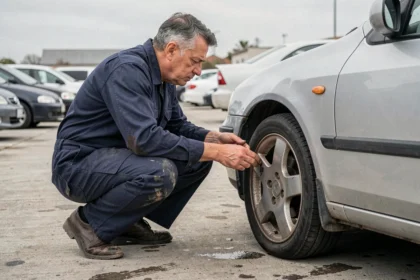 Mécanicien inspectant une voiture d'occasion dans un parking de concessionnaire automobile