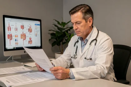 Médecin gastroentérologue en consultation examinant des rapports médicaux liés au cancer du côlon