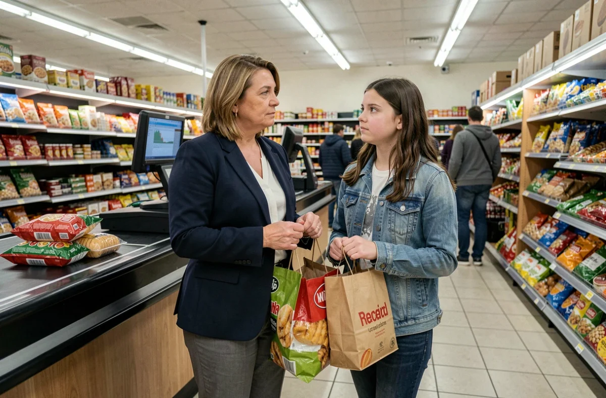 Mère monoparentale et sa fille adolescente faisant les courses au supermarché, image du quotidien des familles monoparentales