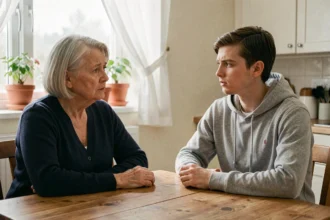 Mère préoccupée discutant avec son fils adulte qui évite son regard, assis à une table de cuisine en bois dans une atmosphère familiale tendue