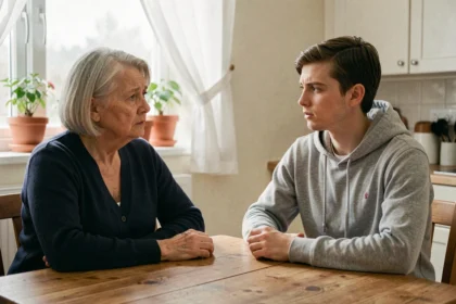 Mère préoccupée discutant avec son fils adulte qui évite son regard, assis à une table de cuisine en bois dans une atmosphère familiale tendue