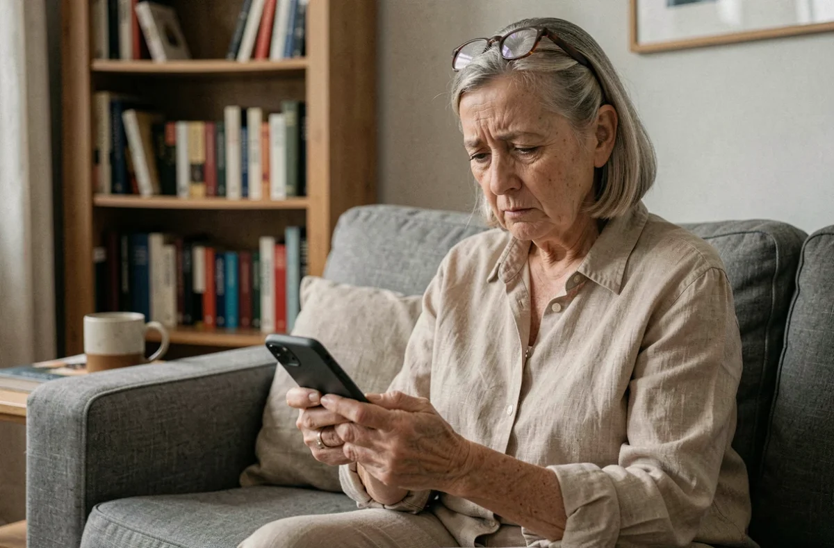 Femme âgée seule sur son canapé tenant son téléphone avec une expression de doute et d'inquiétude après une découverte troublante concernant son enfant adulte