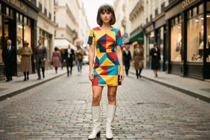 Femme en tenue mode années 1967 avec robe mini géométrique et bottes blanches dans une rue parisienne pavée